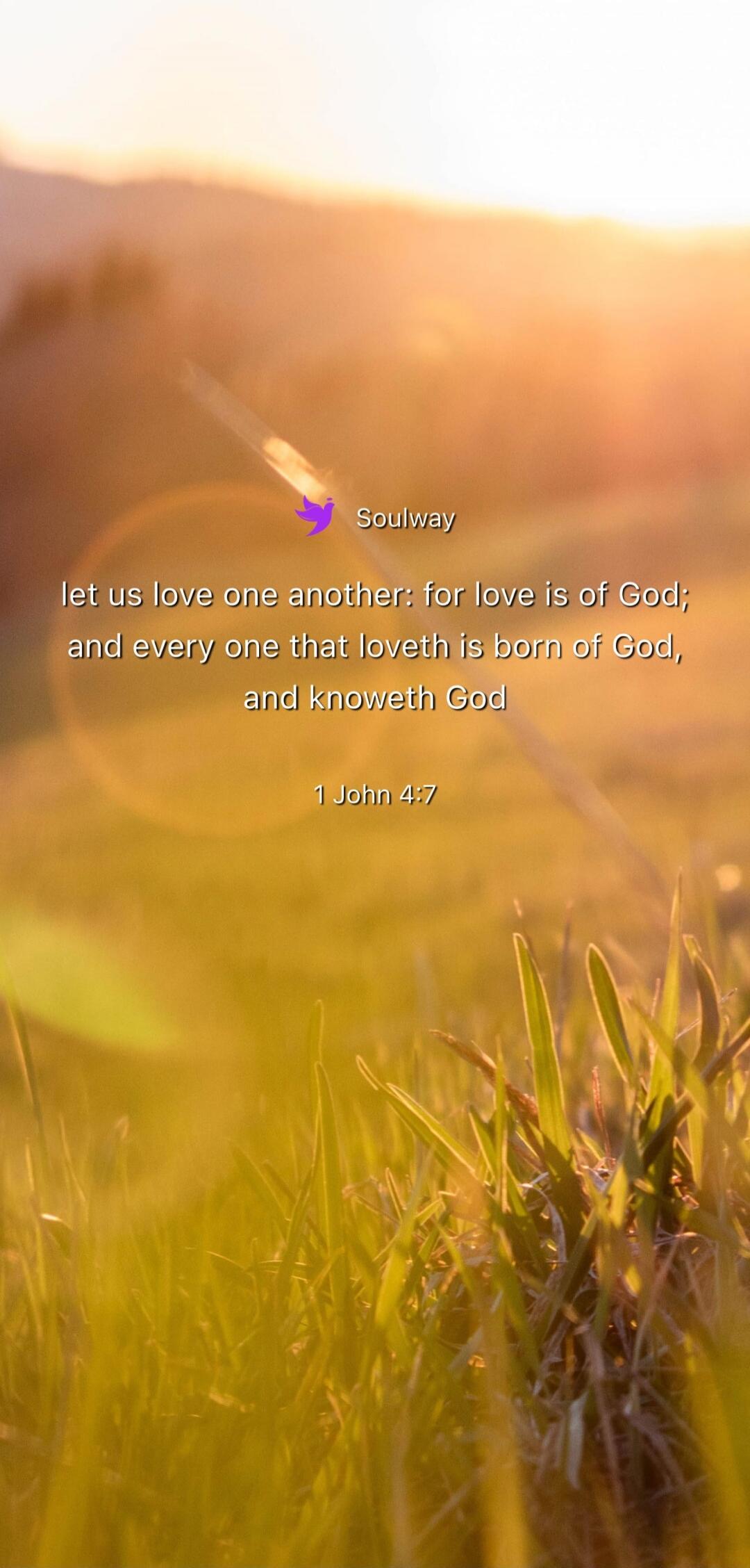 Soulway let us love one another: for love is of God; and every one that loveth is born of God, and knoweth God 1 John 4:7