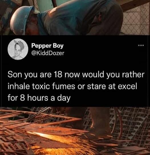 Pepper Boy @KiddDozer Son you are 18 now would you rather inhale toxic fumes or stare at excel for 8 hours a day