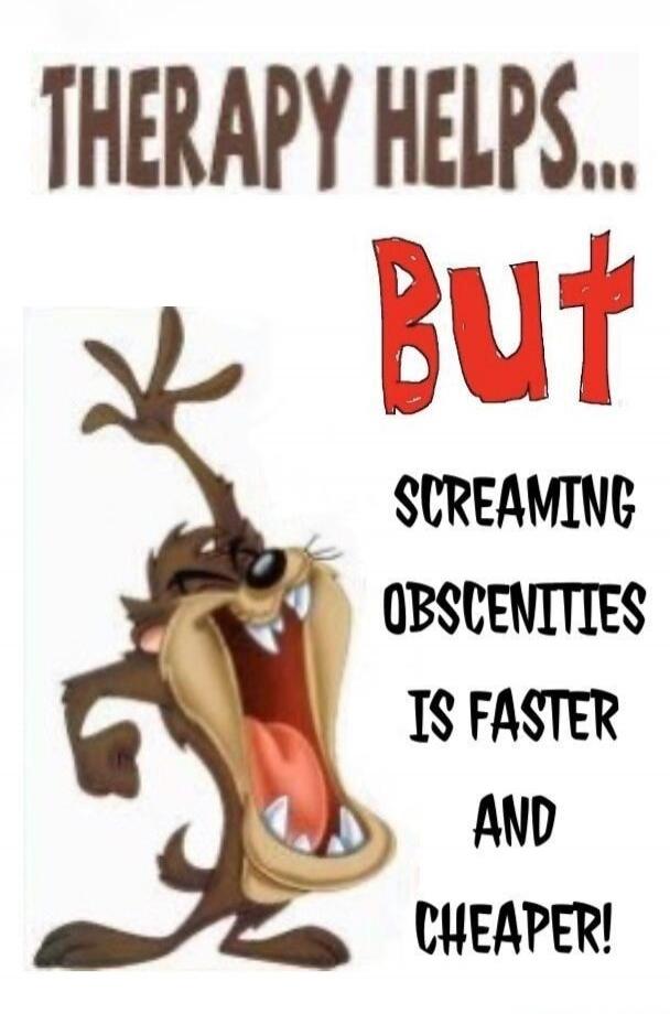 THERAPY HELPS... BUT SCREAMING OBSCENITIES IS FASTER AND CHEAPER!
