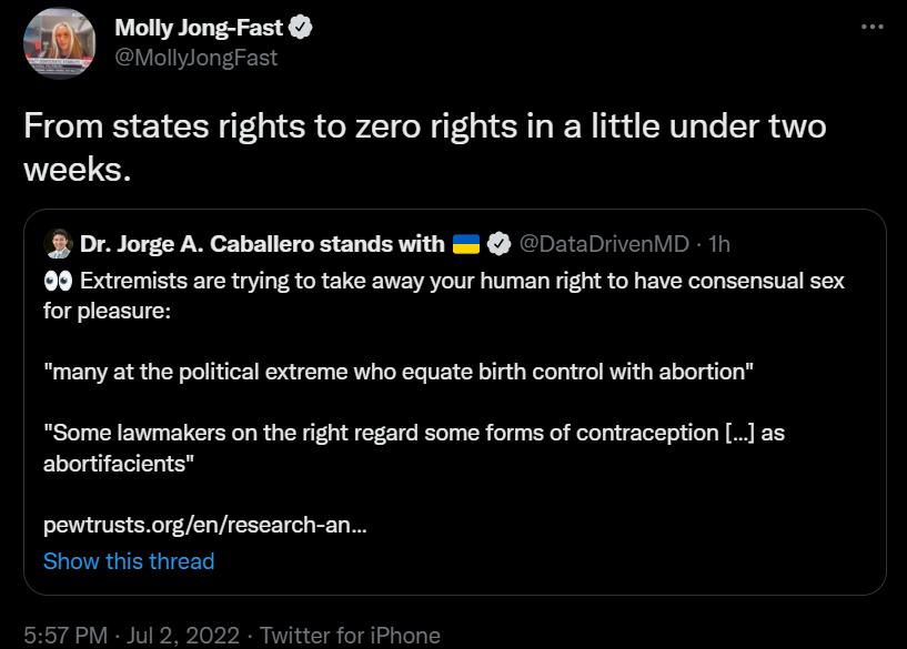 From states rights to zero rights in a little under two weeks venD th DrJorge A Cabalero stands with 05t 99 Extrmists ar rying to take away your human ight tohave consensual sex for peasure many at the politcal extremo who equate birth control with abortion Some lawmakers on the rght regard some forms of contraception as abortifacients pewtrustsorgenresearch an Show this thread