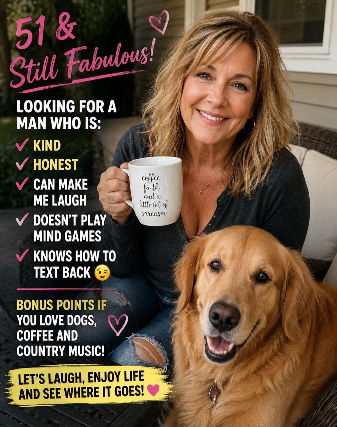 51 & Still Fabulous! Looking for a man who is: Kind, Honest, Can make me laugh, Doesn't play mind games, Knows how to text back. Bonus points if you love dogs, coffee and country music! Let's laugh, enjoy life and see where it goes! (Mug: coffee faith and a little bit of sarcasm)