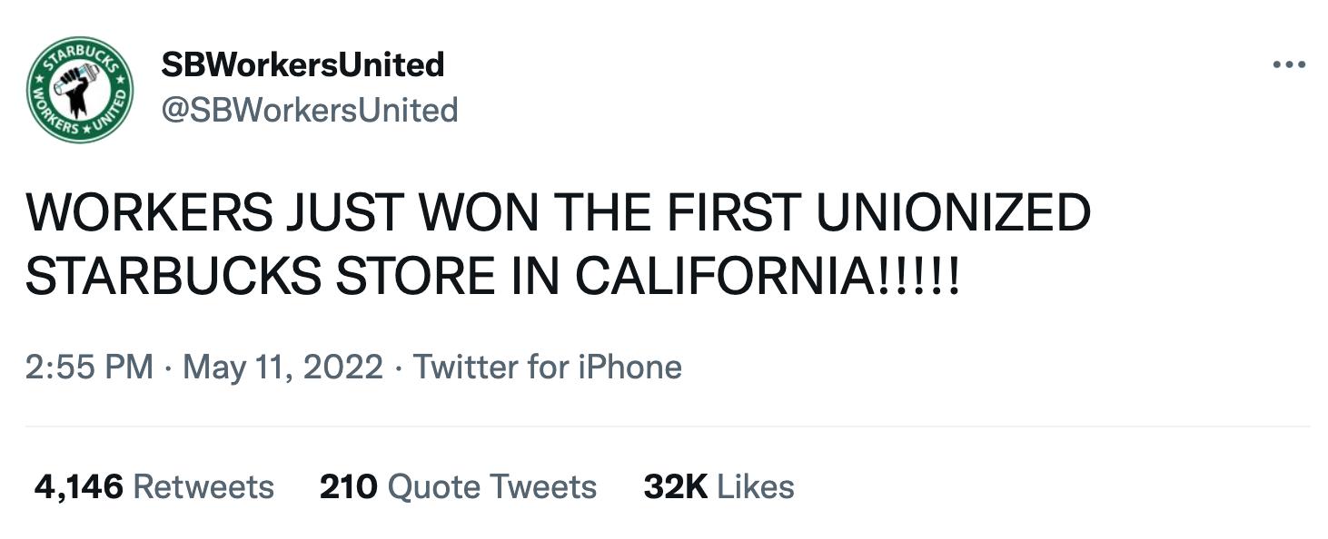 w SBWorkersUnited SBWorkersUnited WORKERS JUST WON THE FIRST UNIONIZED 255 PM May 11 2022 Twitter for iPhone 4146 Retweets 210 Quote Tweets 32K Likes