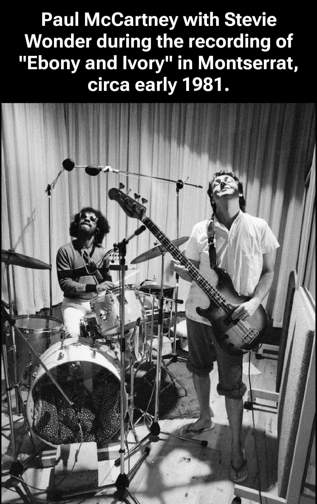 Paul McCartney with Stevie Wonder during the recording of 