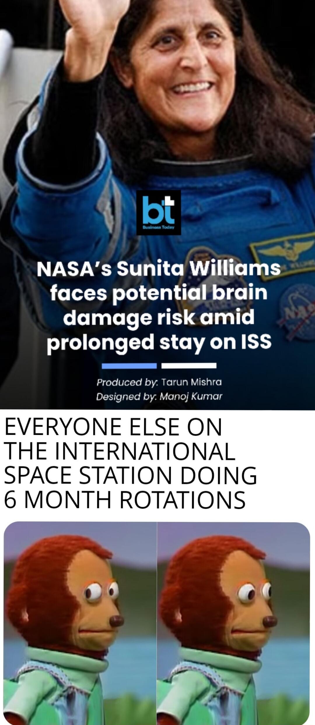 hbtw NASAs Sunita Williams faces potential brain damage risk amid prolonged stay on ISS e Produced by Tarun Mishra Designed by Manoj Kumar EVERYONE ELSE ON THE INTERNATIONAL SPACE STATION DOING 6 MONTH ROTATIONS