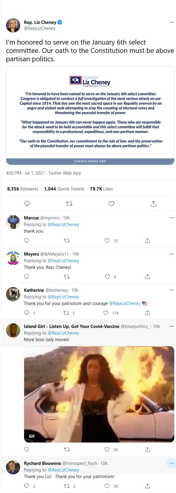 Rep Liz Cheney ReplizCheney Im honored to serve on the January 6th select committee Our oath to the Constitution must be above partisan politics Liz Cheney Im honored to have been named to serve on the January 6th select committee Congress i obligated to conduct a fullinvestigation of the most serious attack on our Capitol since 1814 That day saw the most sacred space in our Republic overrun by an