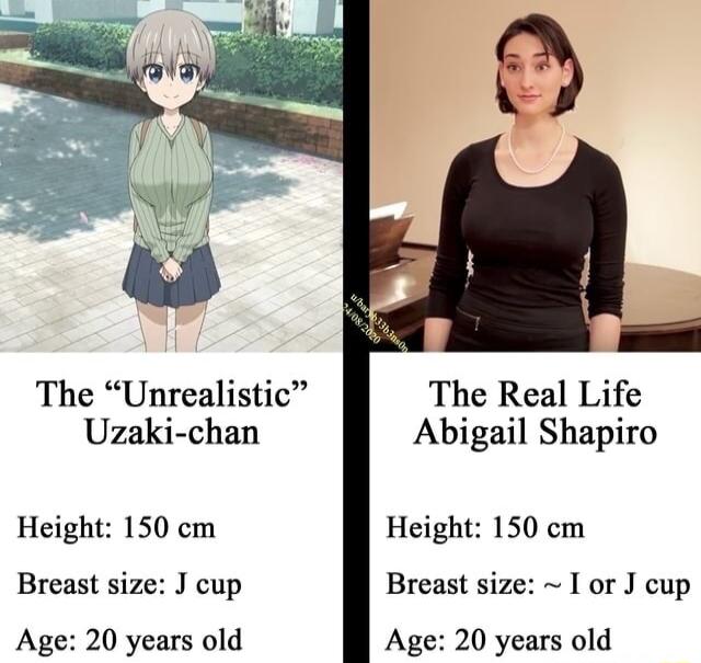 The Real Life Abigail Shapiro The Unrealistic Uzaki chan Height 150 cm Height 150 cm Breast size J cup Breast size I or J cup Age 20 years old Age 20 years old