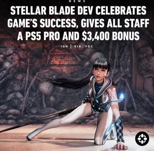 STELLAR BLADE DEV CELEBRATES GAMES SUCCESS GIVES ALL STAFF A PS5 PRO AND 3400 BONUS