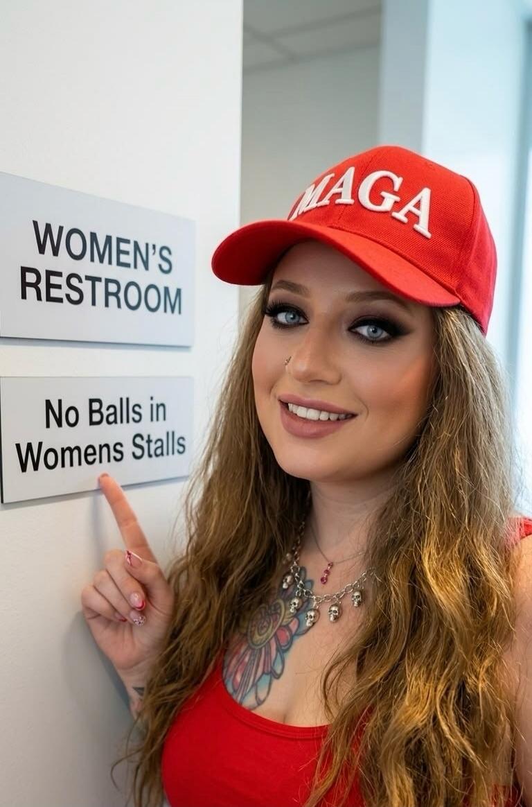 WOMEN'S RESTROOM. No Balls in Womens Stalls. A woman in a MAGA hat points to signs about women's restrooms.