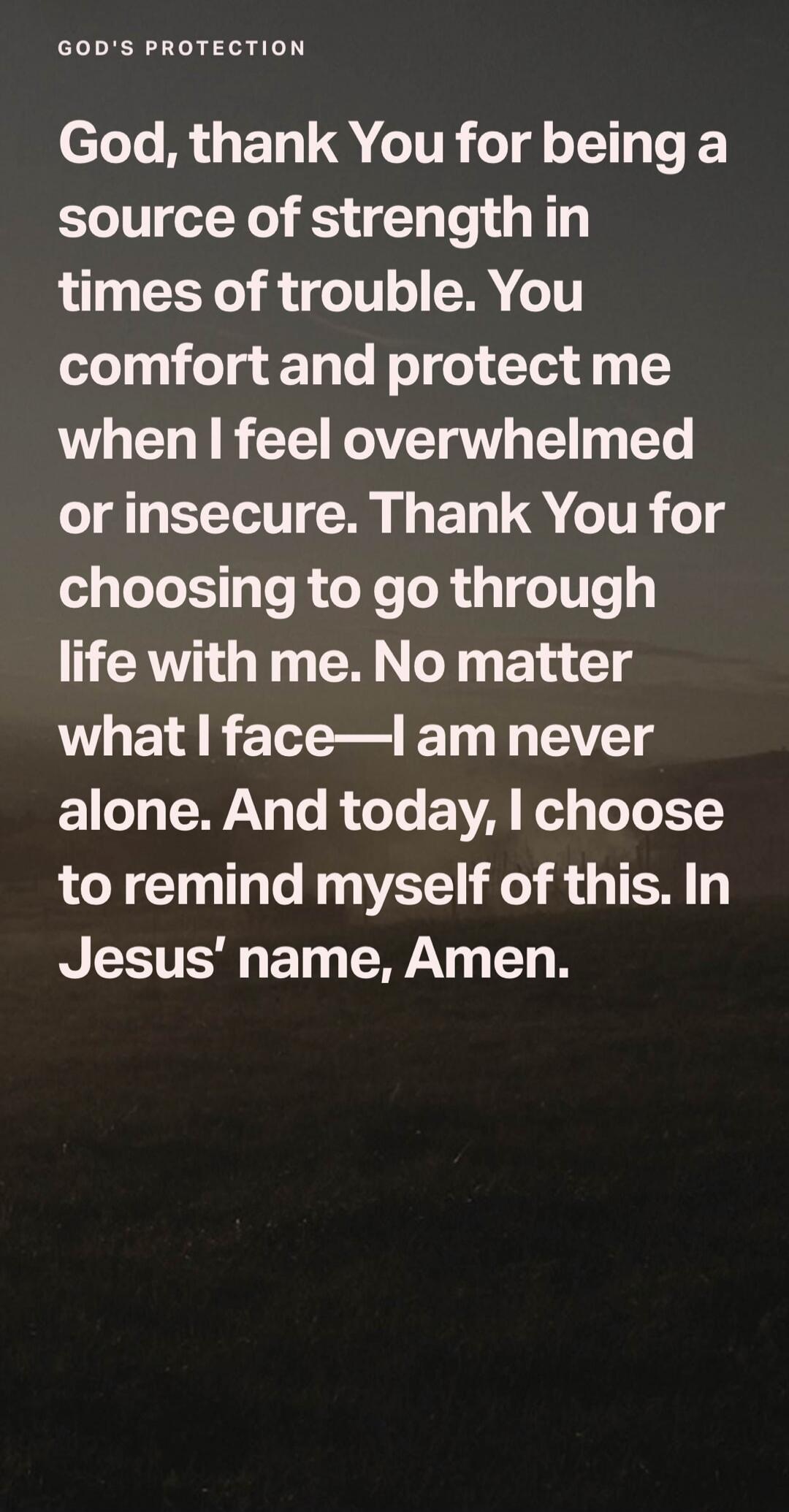 GOD'S PROTECTION. God, thank You for being a source of strength in times of trouble. You comfort and protect me when I feel overwhelmed or insecure. Thank You for choosing to go through life with me. No matter what I face—I am never alone. And today, I choose to remind myself of this. In Jesus' name, Amen.