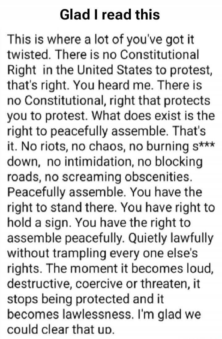 Glad I read this This is where a lot of you've got it twisted. There is no Constitutional Right in the United States to protest, that's right. You heard me. There is no Constitutional, right that protects you to protest. What does exist is the right to peacefully assemble. That's it. No riots, no chaos, no burning s*** down, no intimidation, no blo