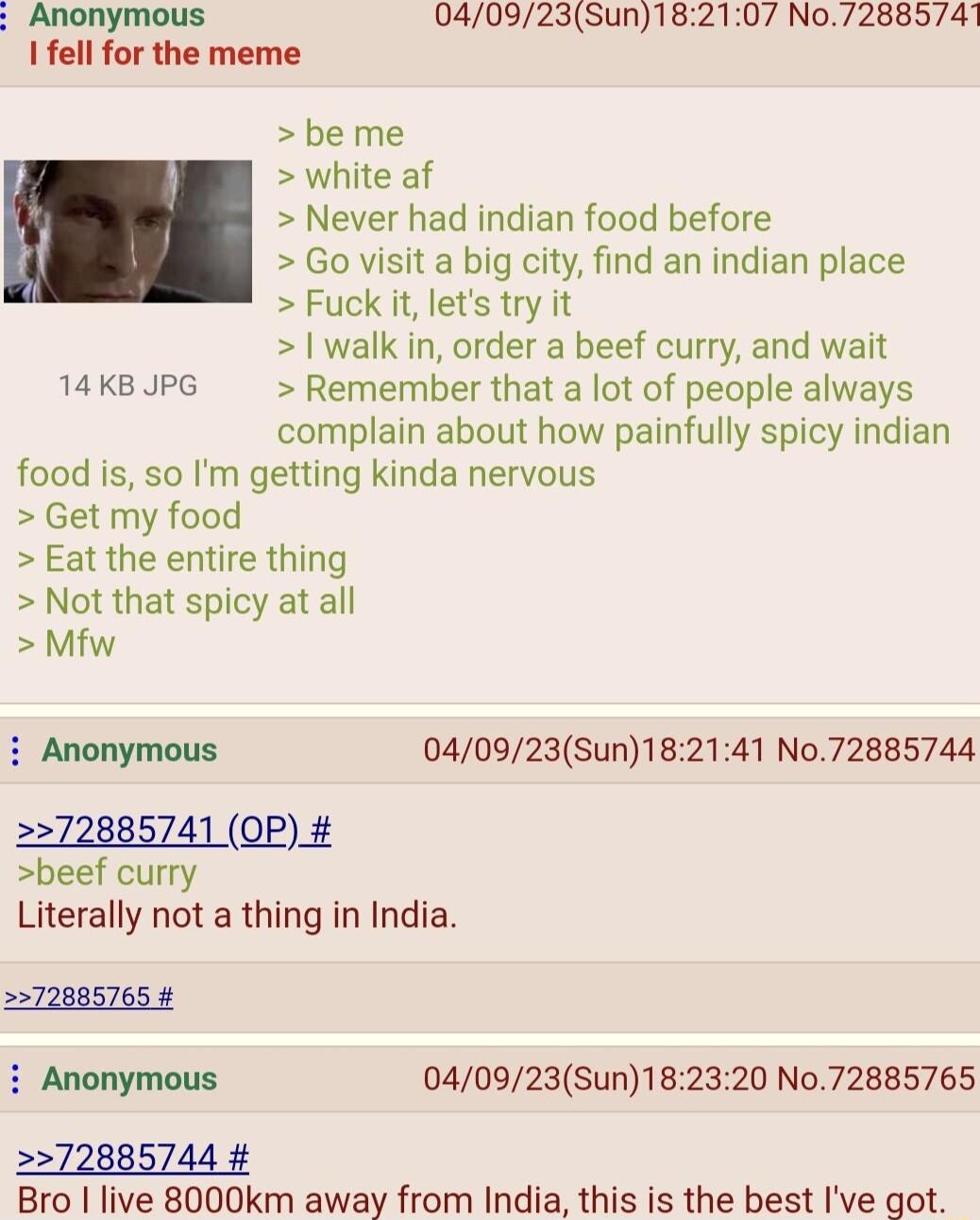 Anonymous 040923Sun182107 No7288574 1 fell for the meme be me white af Never had indian food before Go visit a big city find an indian place Fuck it lets try it 1 walk in order a beef curry and wait 14KBJPG Remember that a lot of people always complain about how painfully spicy indian food is so Im getting kinda nervous Get my food Eat the entire thing Not that spicy at all Mfw i Anonymous 040923S