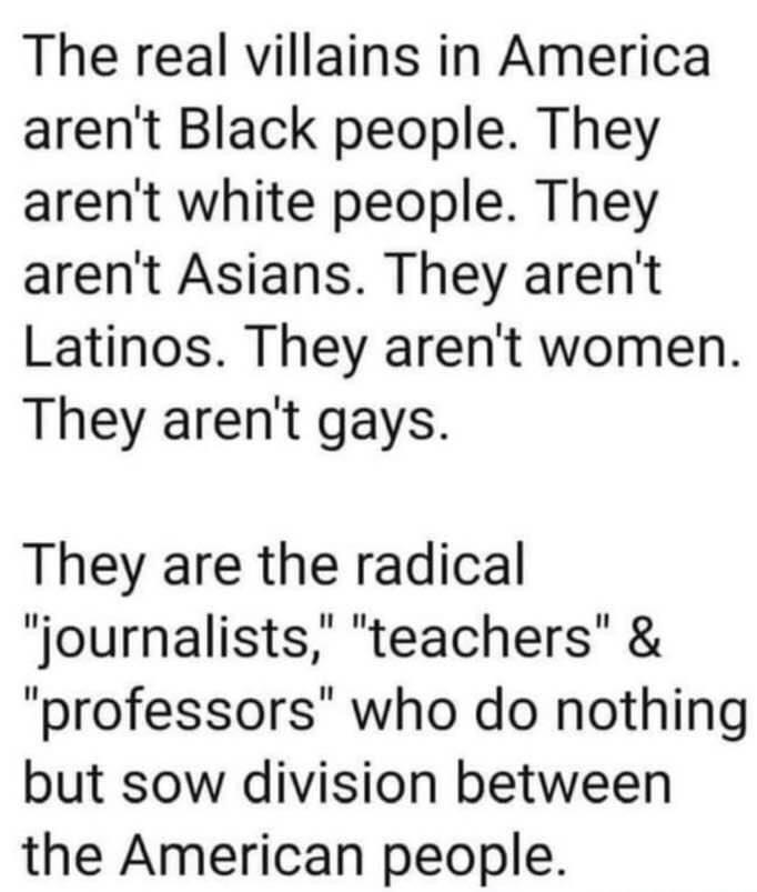 The real villains in America arent Black people They arent white people They arent Asians They arent Latinos They arent women They arent gays They are the radical journalists teachers professors who do nothing but sow division between the American people