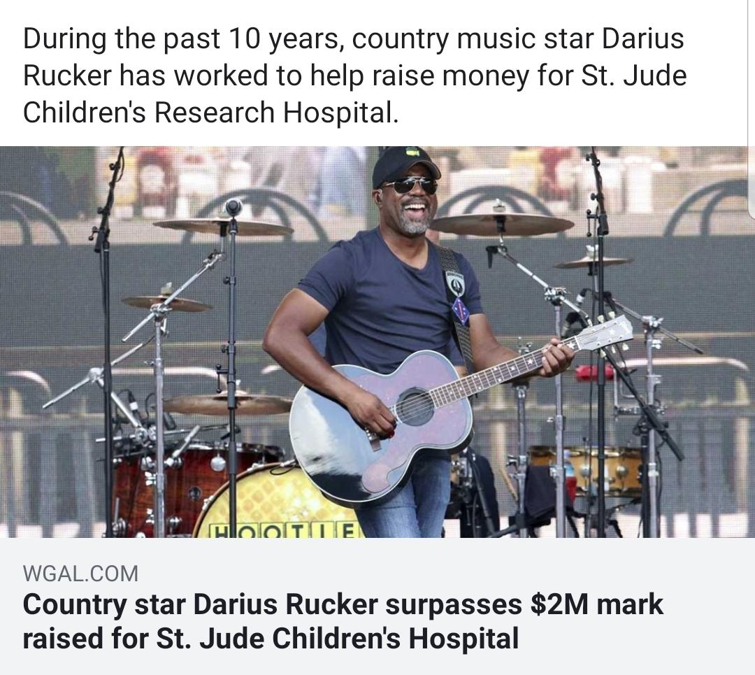 During the past 10 years country music star Darius Rucker has worked to help raise money for St Jude Childrens Research Hospital WGALCOM Country star Darius Rucker surpasses 2M mark raised for St Jude Childrens Hospital