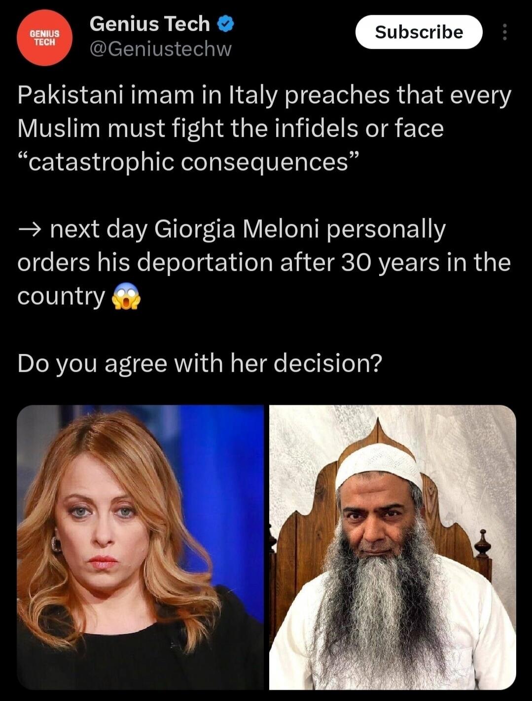 Pakistani imam in Italy preaches that every Muslim must fight the infidels or face 