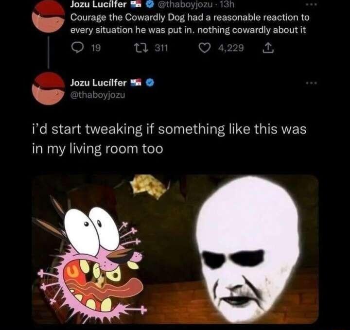 Jozu Luckier Courage the Cowardly Dog had a reasonable reaction to every situation he was put in nothing cowardly about it Jozu Lucilfer id start tweaking if something like this was in my living room too 2 e