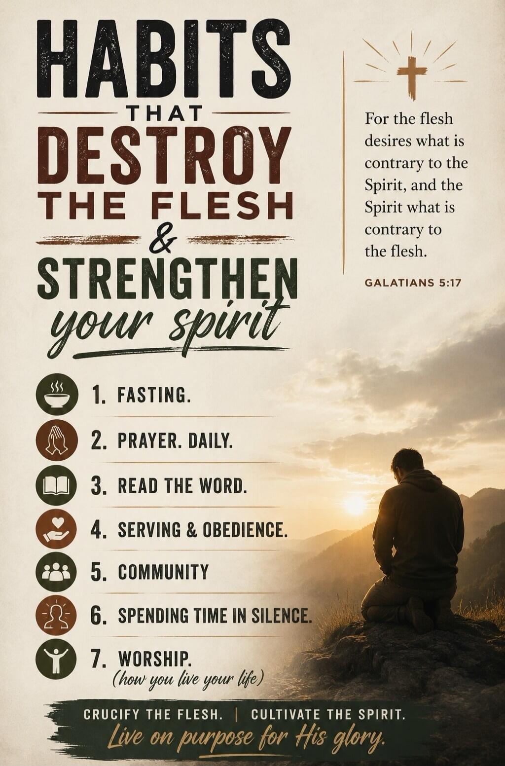 HABITS THAT DESTROY THE FLESH & STRENGTHEN your spirit. For the flesh desires what is contrary to the Spirit, and the Spirit what is contrary to the flesh. GALATIANS 5:17. 1. FASTING. 2. PRAYER. DAILY. 3. READ THE WORD. 4. SERVING & OBEDIENCE. 5. COMMUNITY. 6. SPENDING TIME IN SILENCE. 7. WORSHIP. (how you live your life). CRUCIFY THE FLESH. | CULT