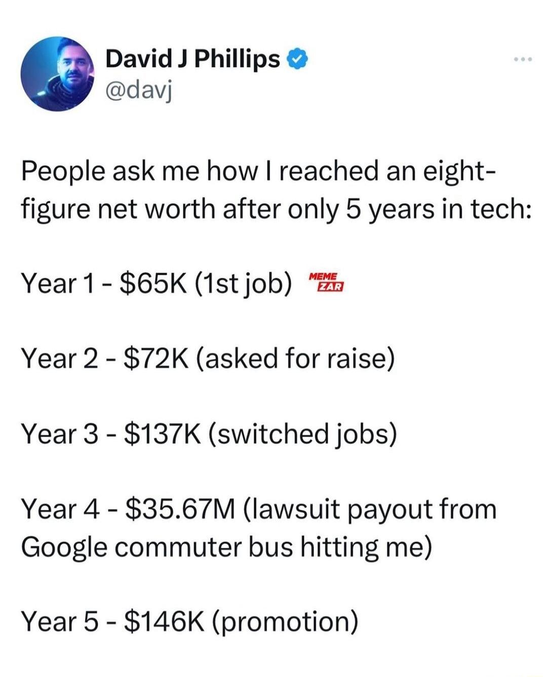 David J Phillips davj People ask me how reached an eight figure net worth after only 5 years in tech Year 1 65K 1stjob Year 2 72K asked for raise Year 3 137K switched jobs Year 4 3567M lawsuit payout from Google commuter bus hitting me Year 5 146K promotion