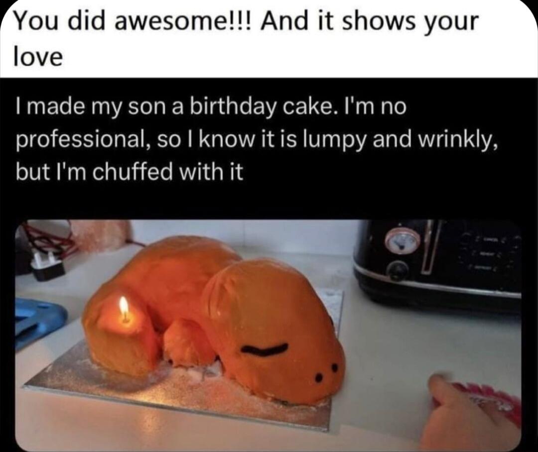 awesome And it shows your I made my son a birthday cake Im no professional so know it is lumpy and wrinkly but Im chuffed with it