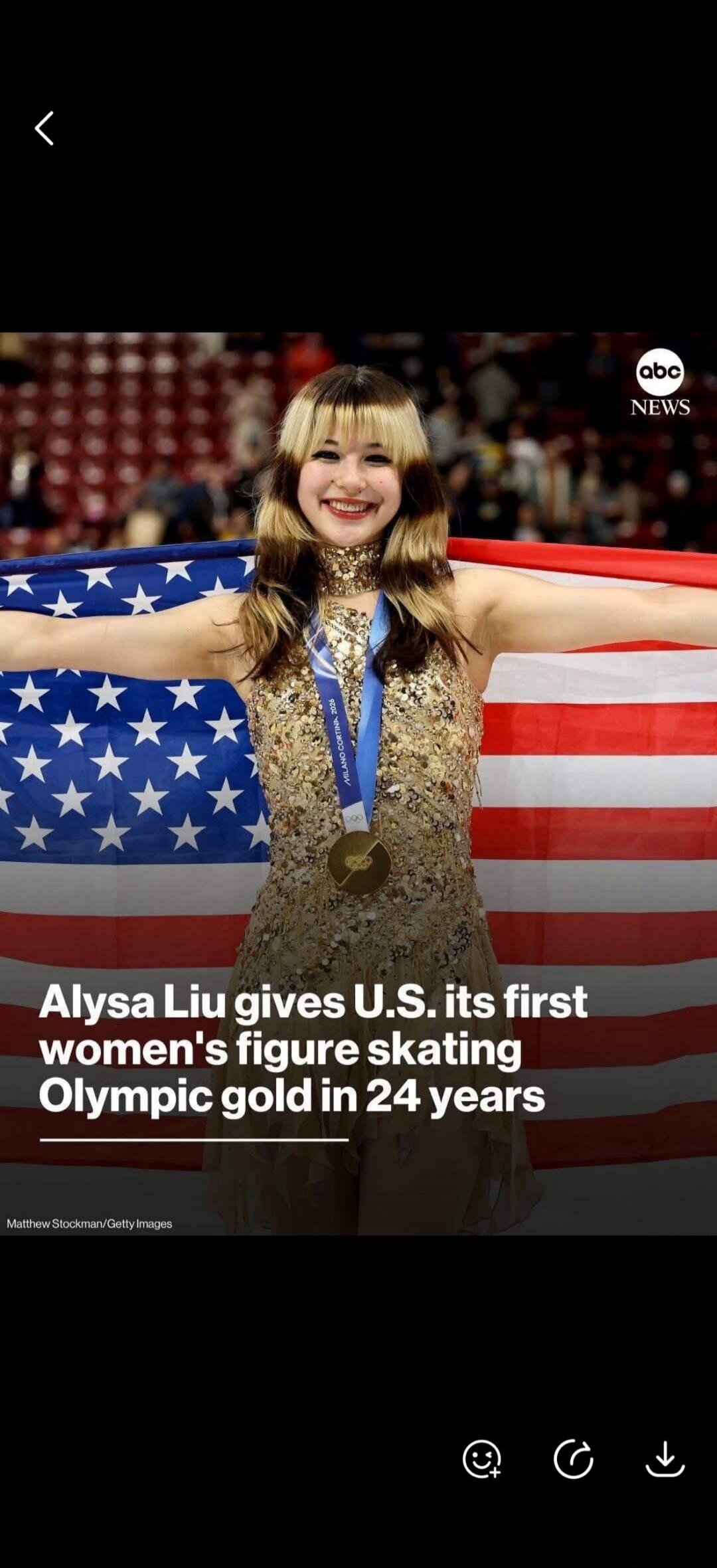 Alysa Liu gives U.S. its first women's figure skating Olympic gold in 24 years. abc NEWS. Matthew Stockman/Getty Images. Milano Cortina 2026.