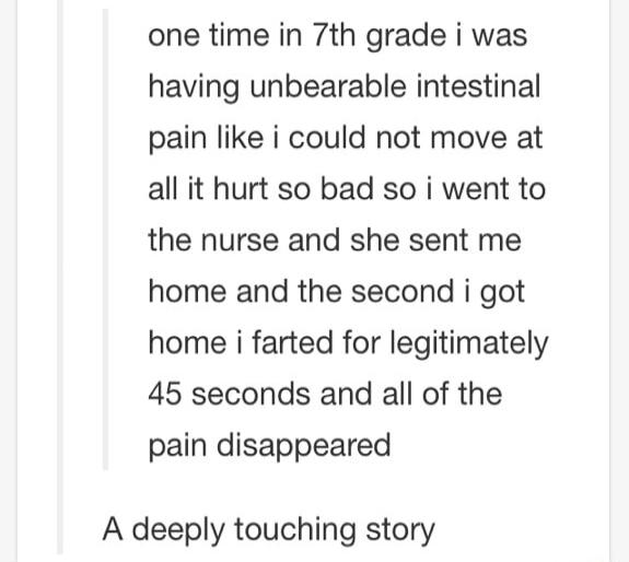 one time in 7th grade i was having unbearable intestinal pain like i could not move at all it hurt so bad so i went to the nurse and she sent me home and the second i got home i farted for legitimately 45 seconds and all of the pain disappeared A deeply touching story