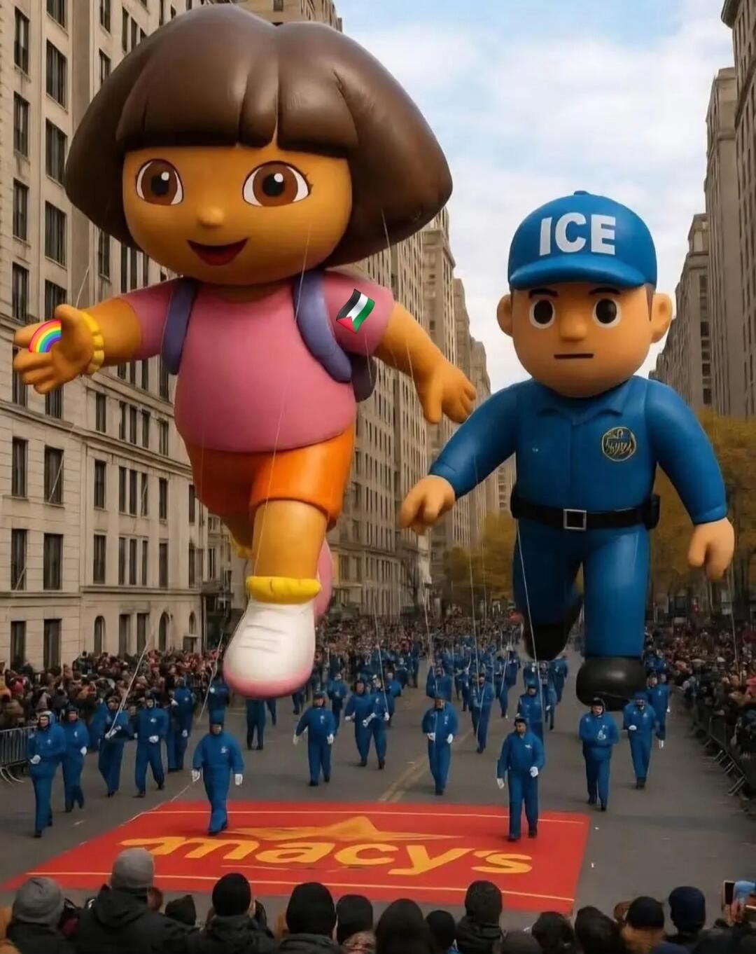 A street parade featuring gigantic inflatable balloons of Dora the Explorer and a man in a blue uniform with an ICE cap, with a crowd marching below.