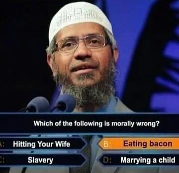 Which of the following is morally wrong? A: Hitting Your Wife B: Eating bacon C: Slavery D: Marrying a child