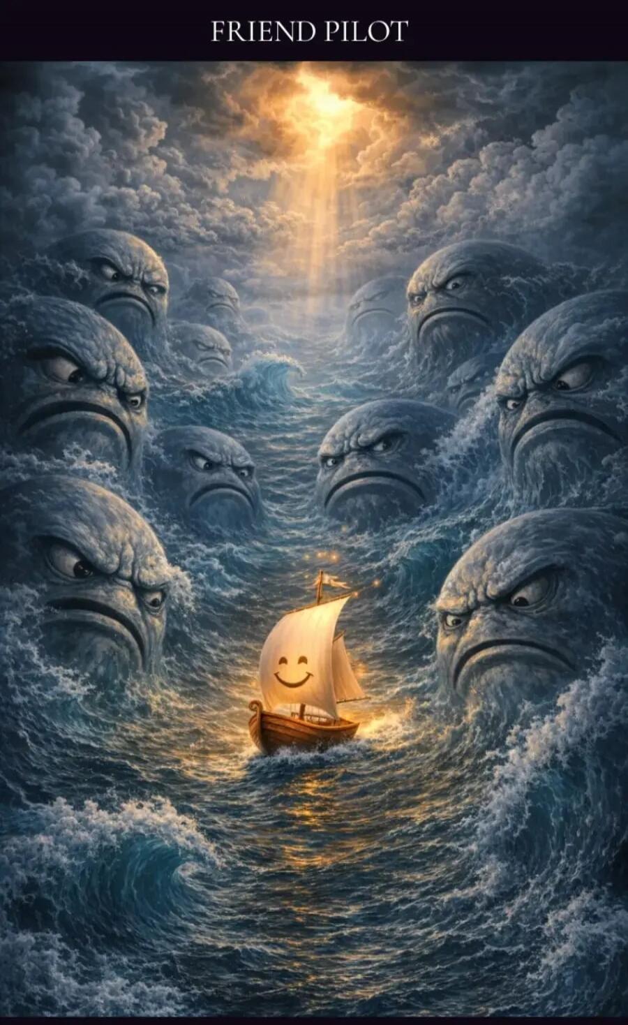 FRIEND PILOT. A small boat with a smiling face on its sail navigates through a stormy sea, surrounded by large, angry-faced waves. A beam of light shines down on the boat.