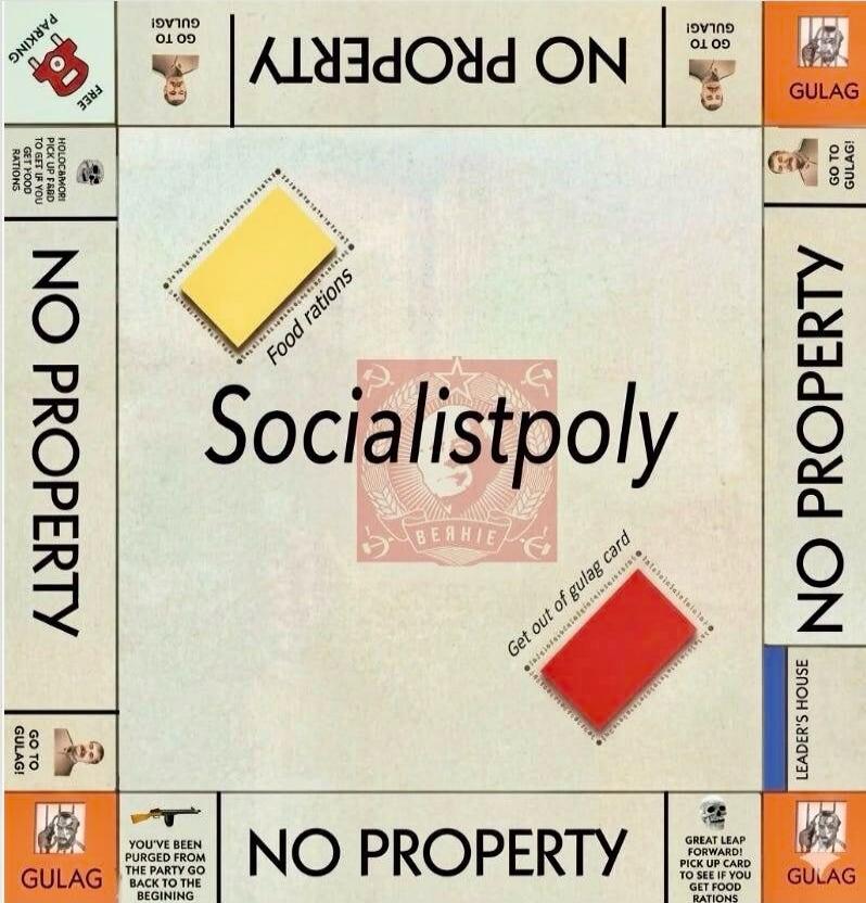 Socialistpoly, NO PROPERTY, GULAG, GO TO GULAG!, PARKING FREE, Food rations, Get out of gulag card, YOU'VE BEEN PURGED FROM THE PARTY GO BACK TO THE BEGINNING, GREAT LEAP FORWARD! PICK UP CARD TO SEE IF YOU GET FOOD RATIONS, LEADER'S HOUSE, HOLODOMOR! PICK UP CARD TO SEE IF YOU GET FOOD RATIONS, BERNIE