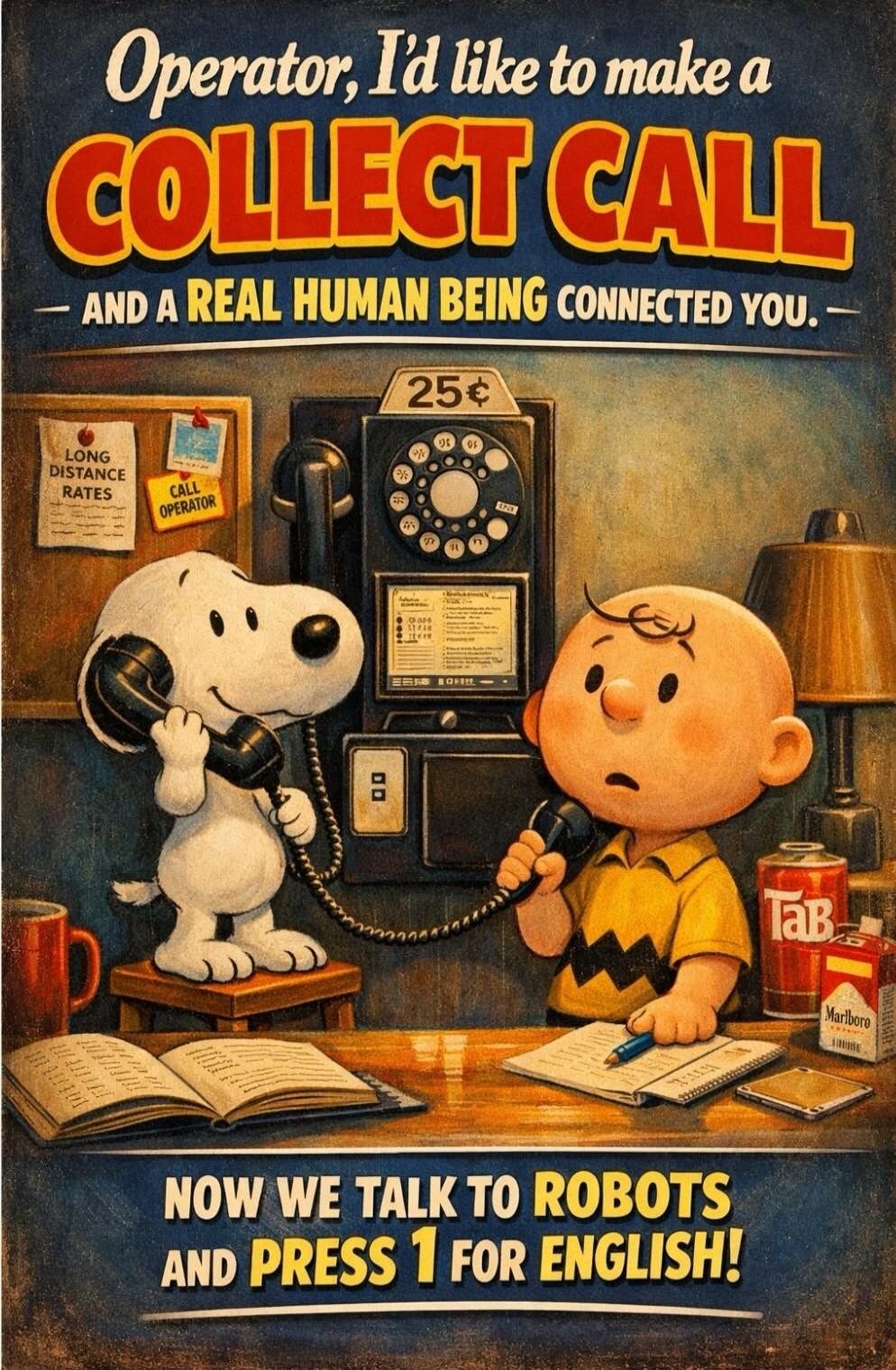 Operator, I'd like to make a collect call and a real human being connected you. Long Distance Rates. Call Operator. 25 cents. Now we talk to robots and press 1 for English! TaB. Marlboro.