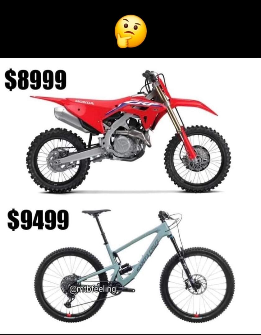 Thinking face emoji. $8999 HONDA. $9499 SANTA CRUZ. @mtbfeeling.