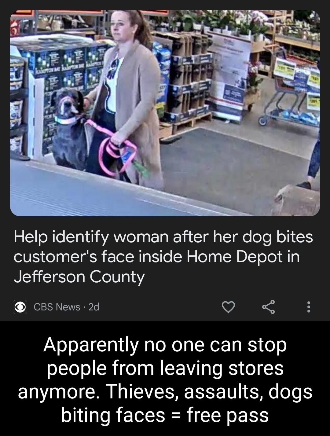Help identify woman after her dog bites customers face inside Home Depot in Jefferson County CBSNews 2d Q Apparently no one can stop people from leaving stores anymore Thieves assaults dogs biting faces free pass