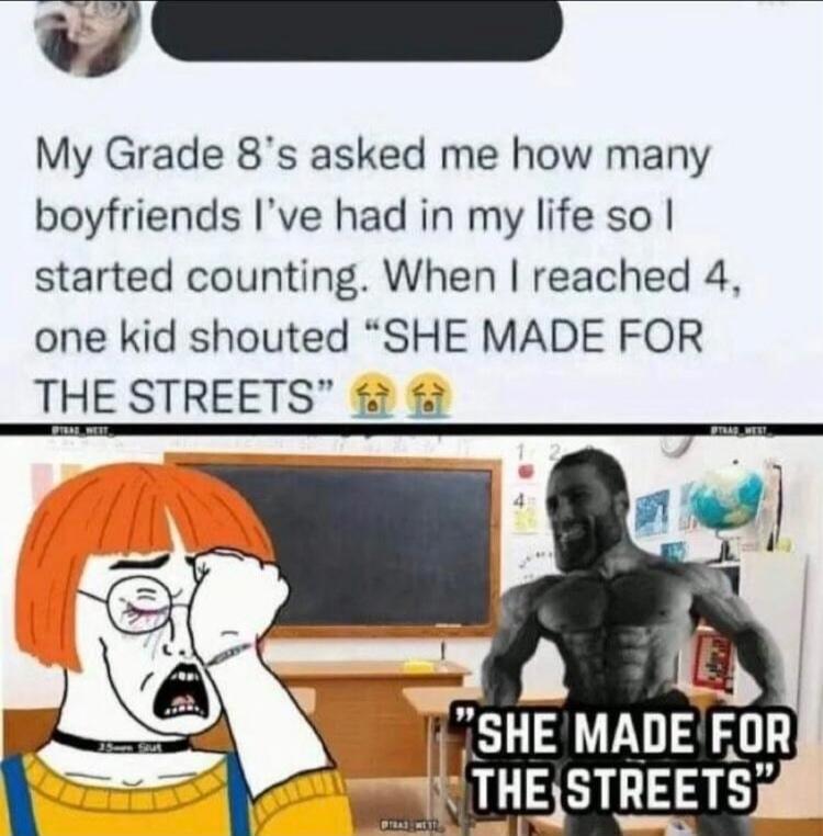 My Grade 8's asked me how many boyfriends I've had in my life so I started counting. When I reached 4, one kid shouted 