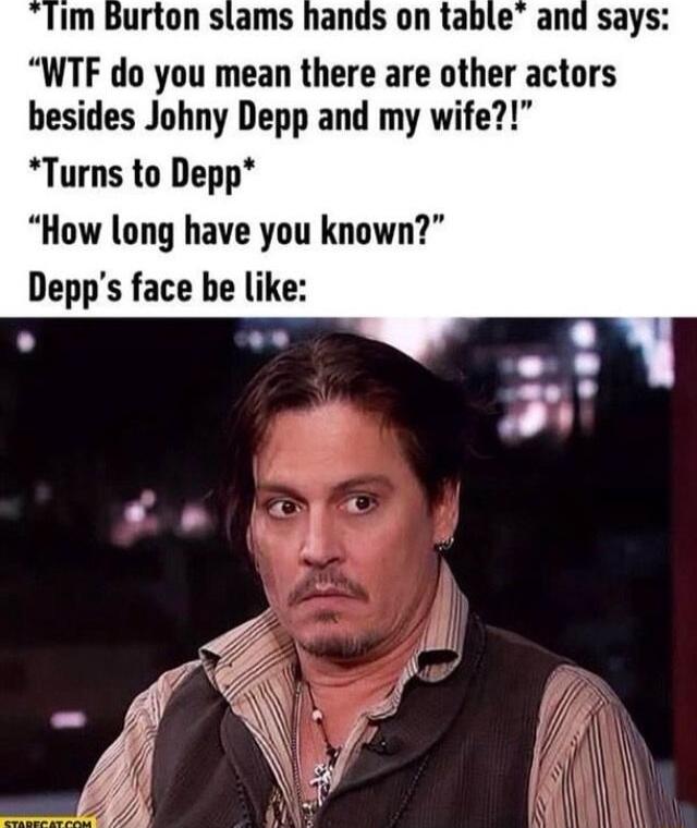 Im Burton slams hands on tab WTF do you mean there are other actors besides Johny Depp and my wife Turns to Depp How long have you known Depps face be like