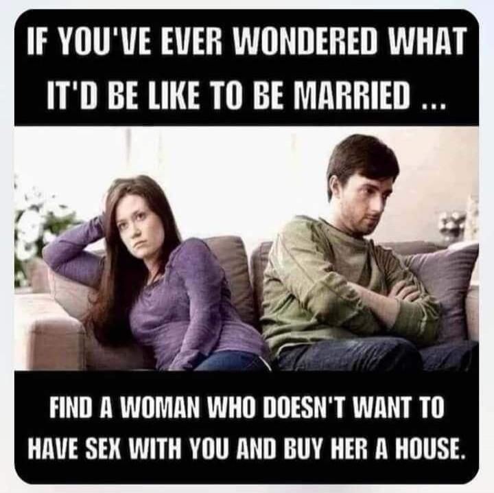 IF YOU'VE EVER WONDERED WHAT IT'D BE LIKE TO BE MARRIED ... FIND A WOMAN WHO DOESN'T WANT TO HAVE SEX WITH YOU AND BUY HER A HOUSE.