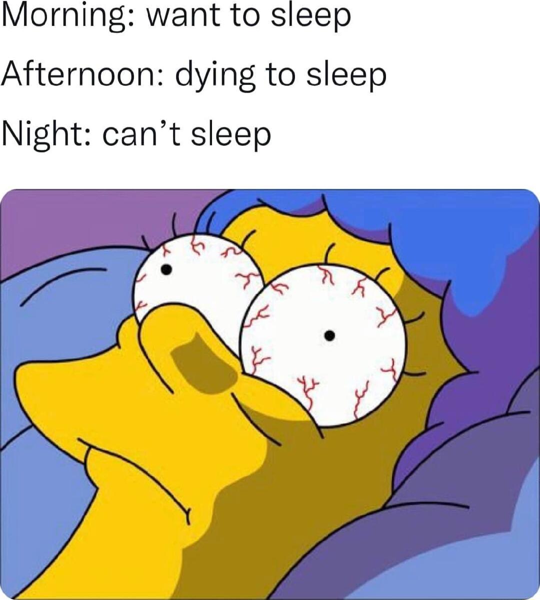 Morning want to sleep Afternoon dying to sleep Night cant sleep