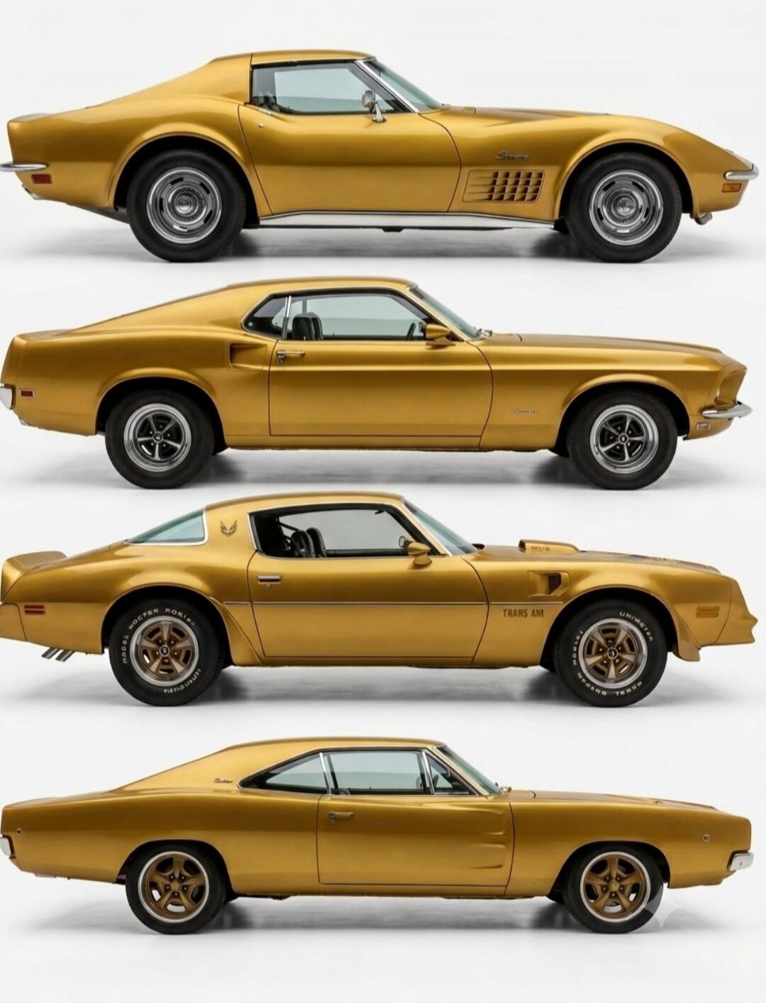 Stingray TRANS AM HOOSIER SUPER UNIMETER TENU. Four classic golden American muscle cars are displayed side by side.