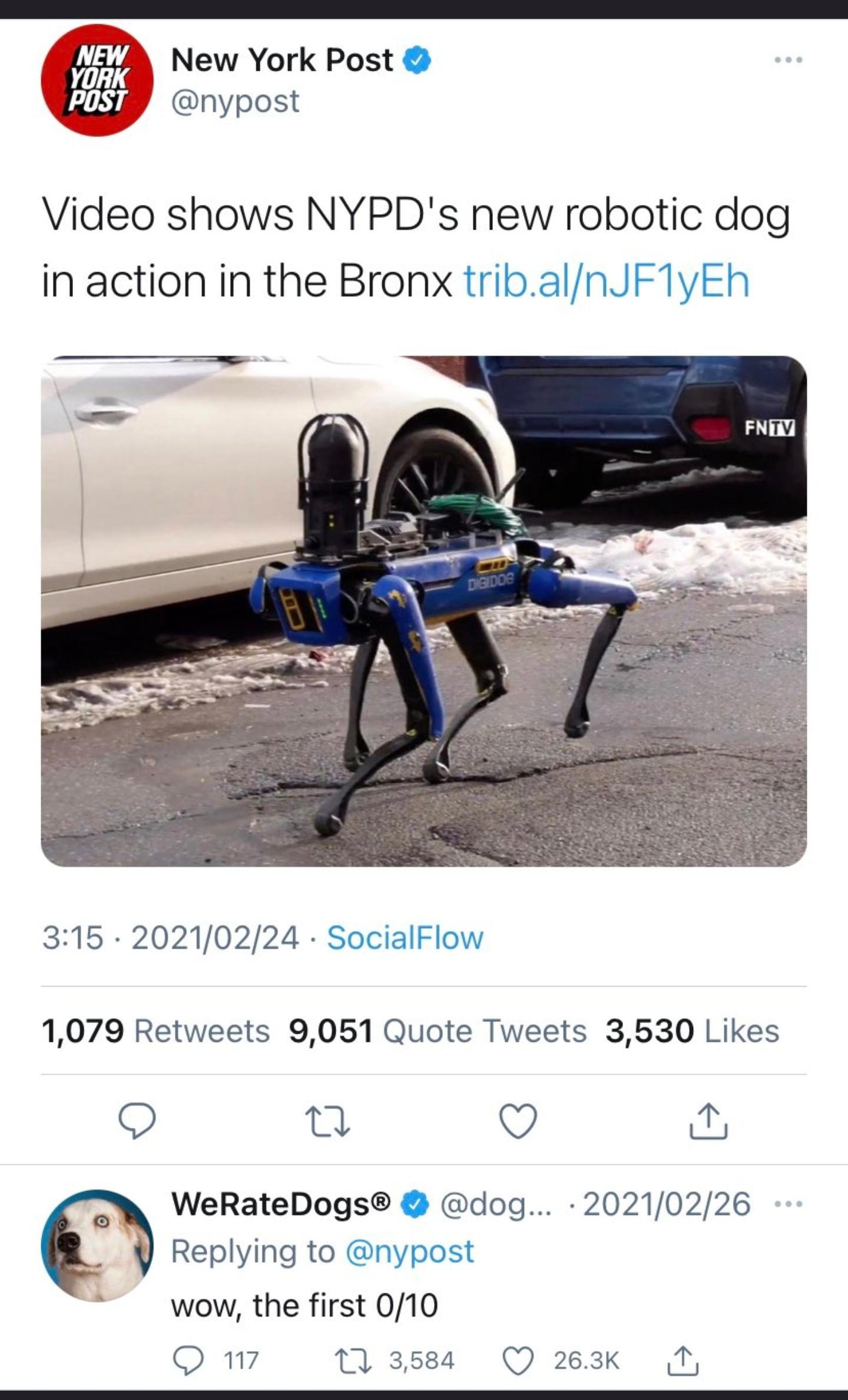 5 New York Post Yy nypost Video shows NYPDs new robotic dog in action in the Bronx tribalnJF1yEh 315 20210224 SocialFlow 1079 Retweets 9051 Quote Tweets 3530 Likes 9 0 q WeRateDogs dog 20210226 Replying to nypost wow the first 010 QO 17 1 3584 Q 263k T
