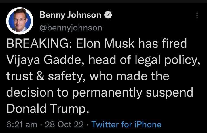 O Benny Johnson bennyjohnson BREAKING Elon Musk has fired VIEVCRCE e SR IETe ol R IY 2 W ool 0YA trust safety who made the oSTi S o g R oW o Ygy TR el T MRSV o T Te Donald Trump 621 am 28 Oct 22 Twitter for iPhone