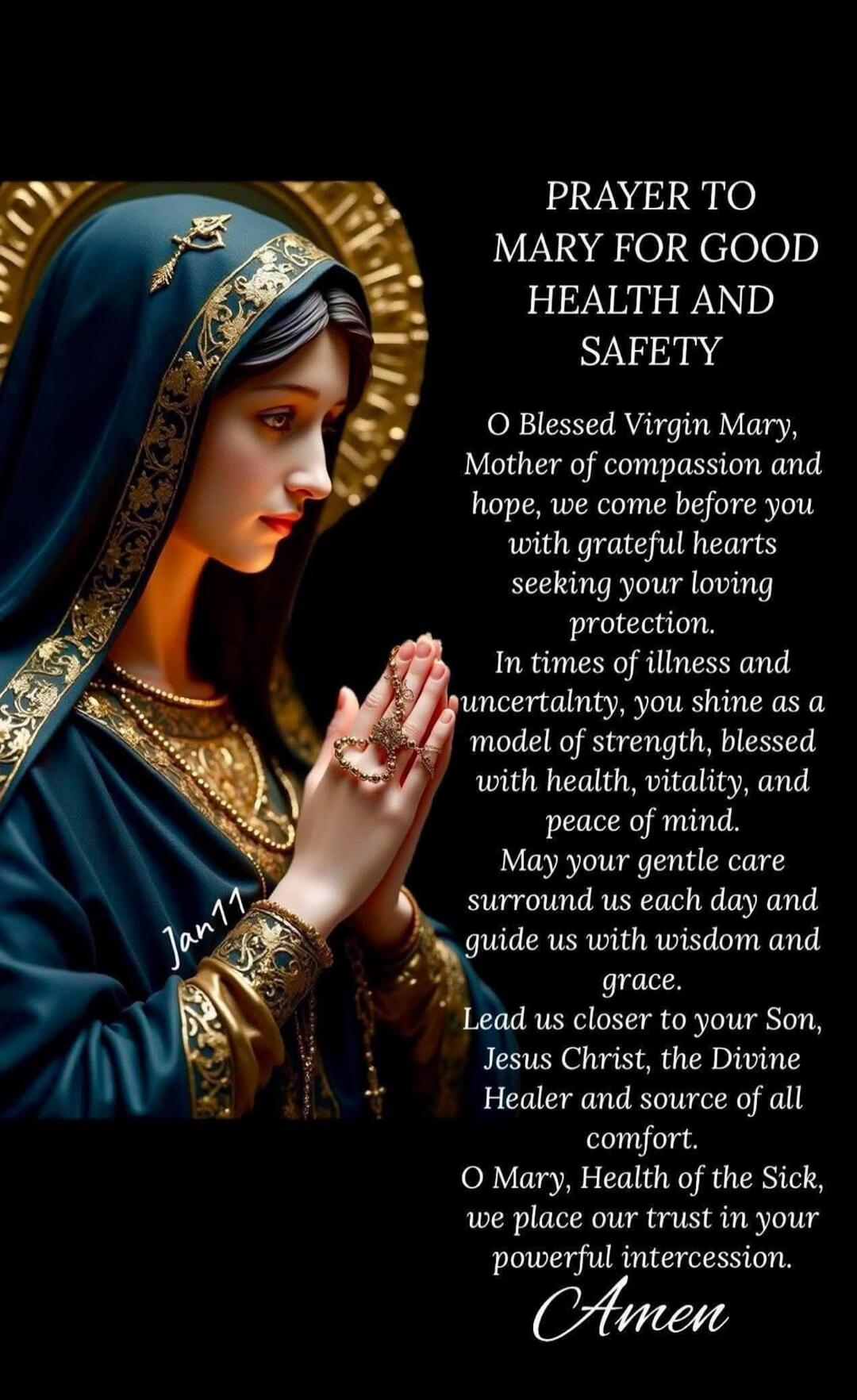 PRAYER TO MARY FOR GOOD HEALTH AND SAFETY
O Blessed Virgin Mary, Mother of compassion and hope, we come before you with grateful hearts seeking your loving protection. In times of illness and uncertainty, you shine as a model of strength, blessed with health, vitality, and peace of mind. May your gentle care surround us each day and guide us with w