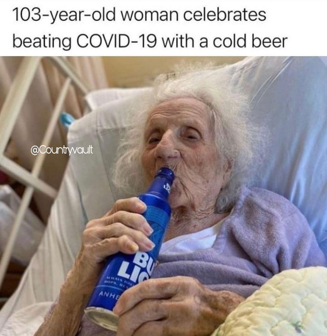 103 year old woman celebrates beatlng COVID 19 Wth a cold beer