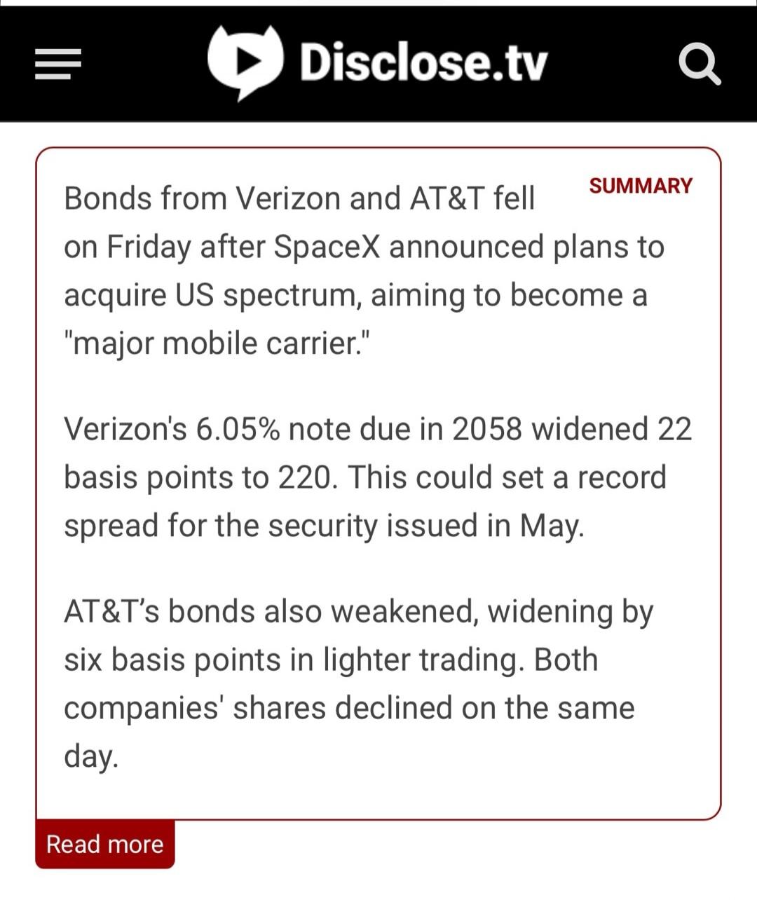 Bonds from Verizon and AT&T fell on Friday after SpaceX announced plans to acquire US spectrum, aiming to become a 
