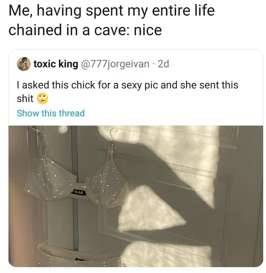 Me having spent my entire life chained in a cave nice toxic king 777jorgeivan 2d I asked this chick for a sexy pic and she sent this shit Show this thread