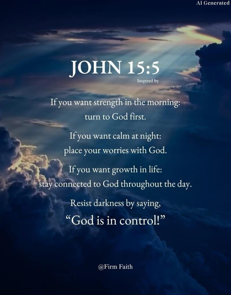 AI Generated. JOHN 15:5. Inspired by. If you want strength in the morning: turn to God first. If you want calm at night: place your worries with God. If you want growth in life: stay connected to God throughout the day. Resist darkness by saying, “God is in control!” @Firm Faith
