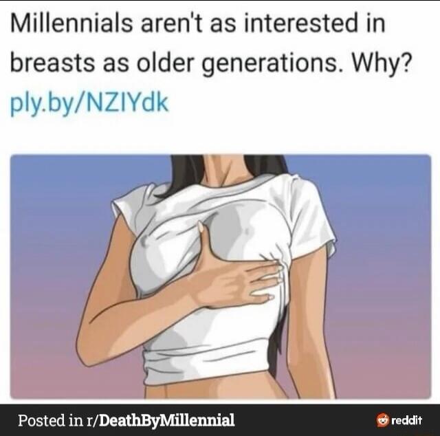 Millennials aren't as interested in breasts as older generations. Why? ply.by/NZIYdk Posted in r/DeathByMillennial