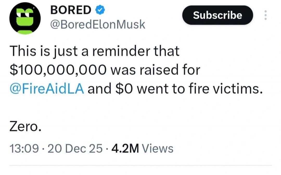 This is just a reminder that $100,000,000 was raised for @FireAidLA and $0 went to fire victims. Zero.