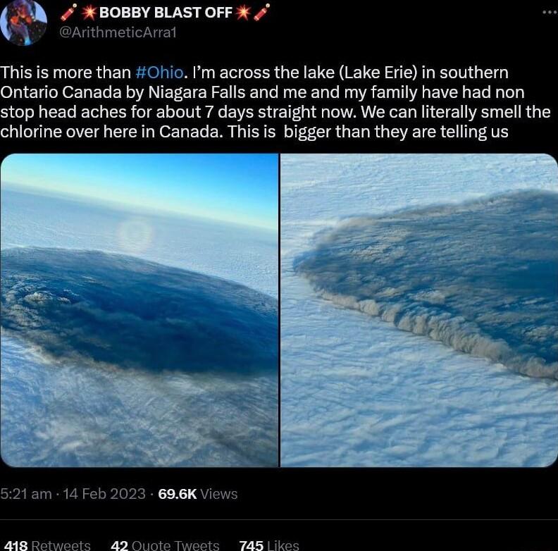 BOBBY BLAST OFF is is more than Ohio Im across the lake Lake Erie in southern Ontario Canada by Niagara Falls and me and my family have had non stop head aches for about 7 days straight now We can literally smell the hlorine over here in Canada This s bigger than they are telling us