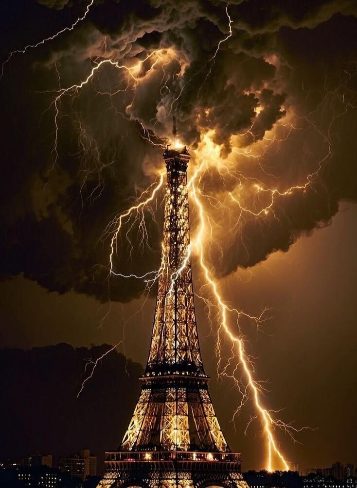 Lightning strikes around the Eiffel Tower during a dramatic storm at night.