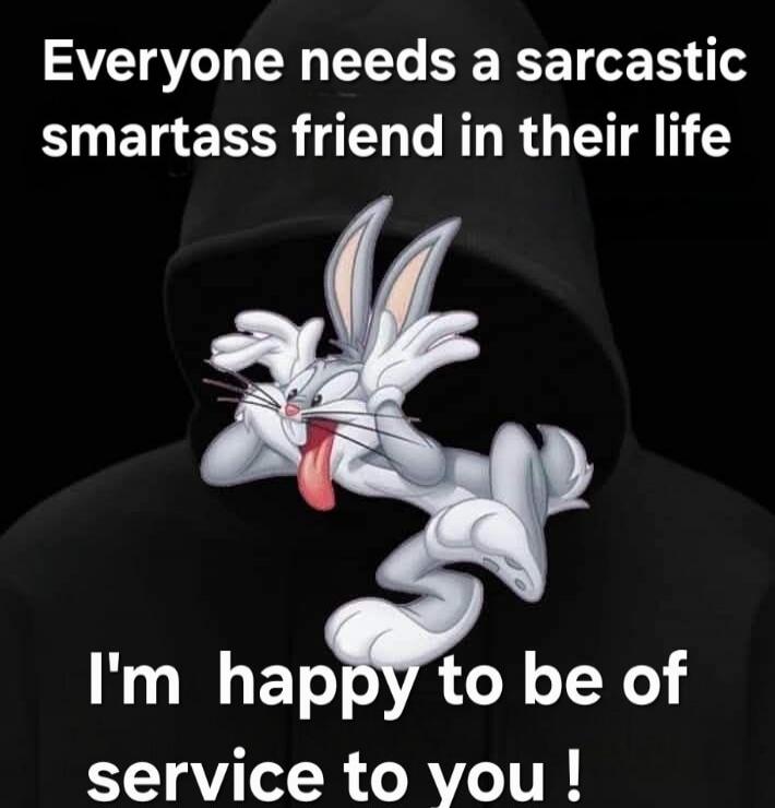 Everyone needs a sarcastic smartass friend in their life
I'm happy to be of service to you!