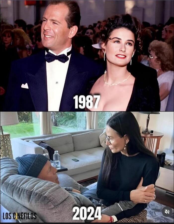 Bruce Willis and Demi Moore in 1987, looking glamorous at an event. Below, Bruce Willis and Demi Moore in 2024, with Bruce looking frail and Demi holding his hand. The text '1987', '2024', and 'LOS CINEFILOS' are visible on the image.