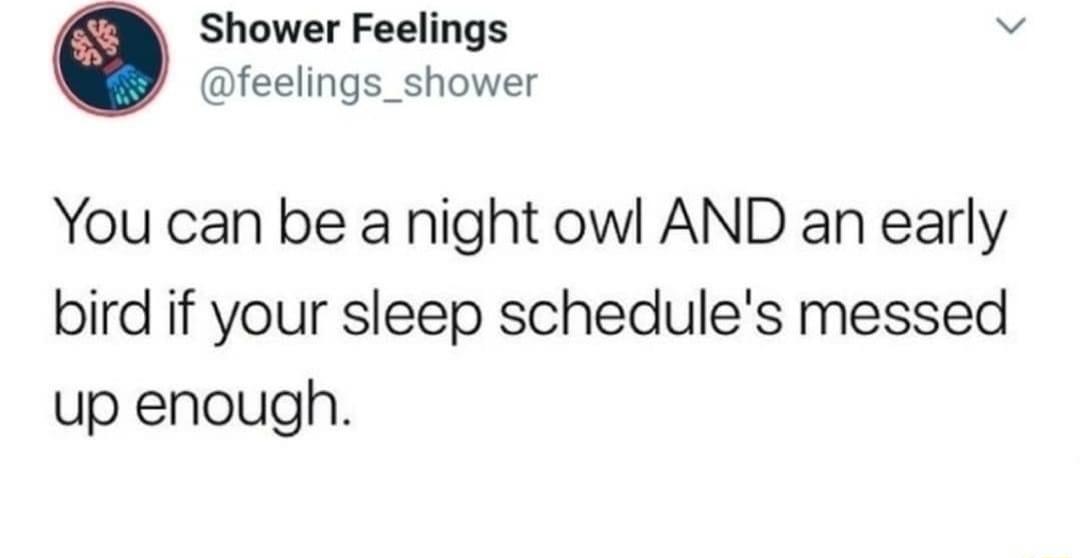 Shower Feelings w feelings_shower You can be a night owl AND an early bird if your sleep schedules messed up enough